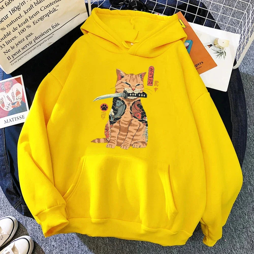 Japanese Cartoon Cat Ukiyo-E Print Hoodie - Women's Hip Hop Fleece
